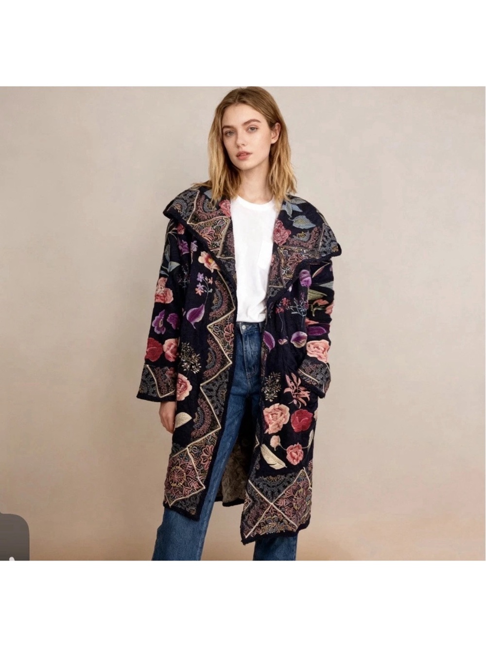 Johnny Was Biya Hooded Small Cardigan Sweater Floral Embroidery Long Boho Sz L